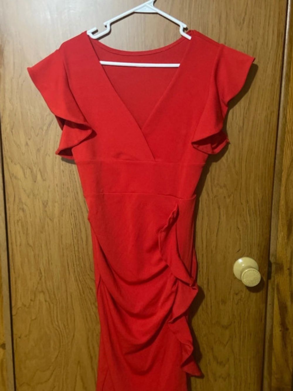 Red V-Neck Midi Dress with Ruffle Detail